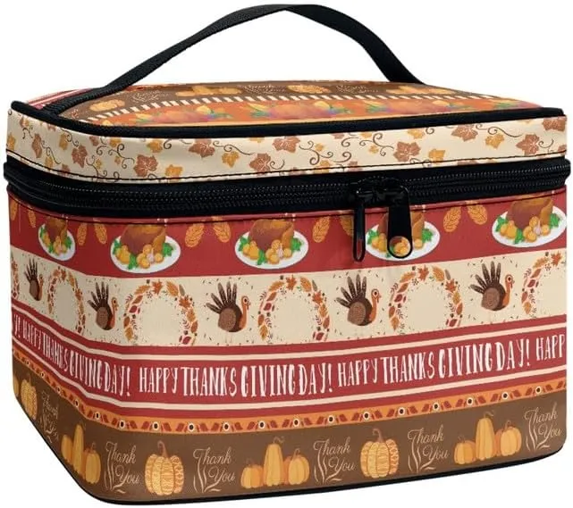Pumpkin Cosmetic Bag Toiletry Organizer, Thanksgiving Turkey Portable Zipper Travel Makeup Bags, Fall Maple Leaves for Women Girl