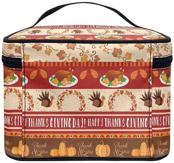 Pumpkin Cosmetic Bag Toiletry Organizer, Thanksgiving Turkey Portable Zipper Travel Makeup Bags, Fall Maple Leaves for Women Girl