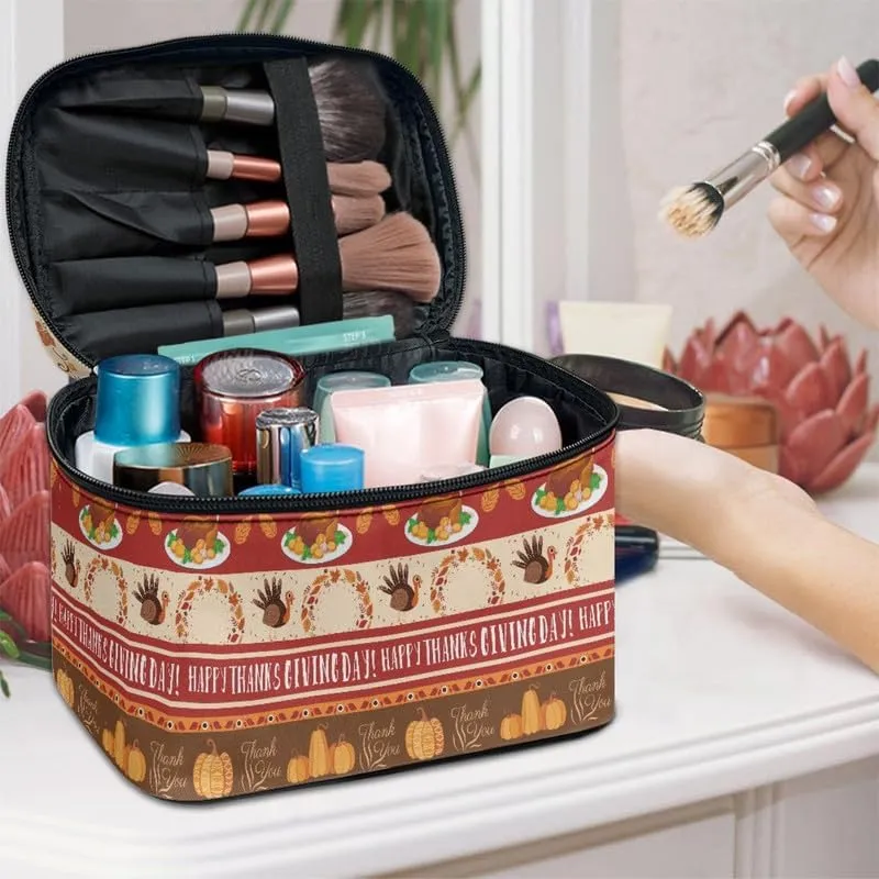 Pumpkin Cosmetic Bag Toiletry Organizer, Thanksgiving Turkey Portable Zipper Travel Makeup Bags, Fall Maple Leaves for Women Girl