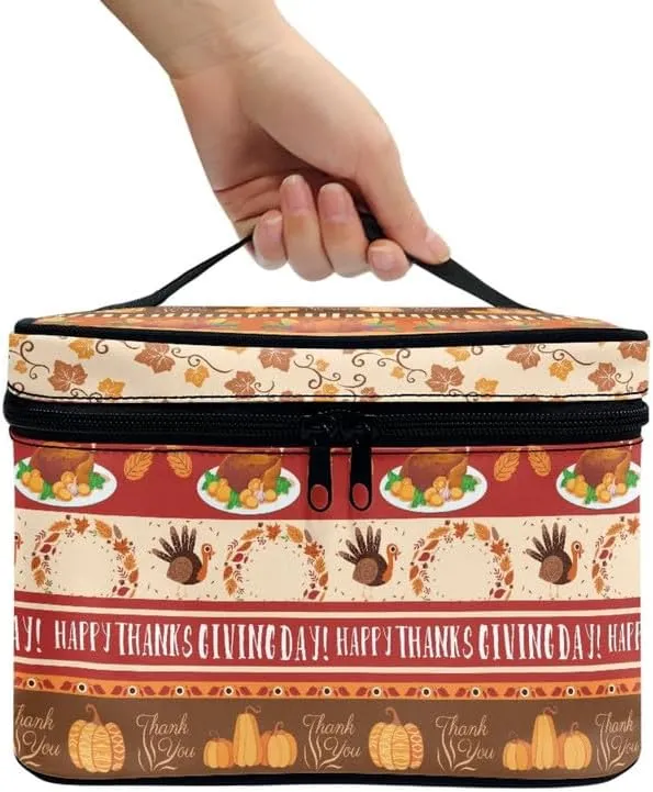 Pumpkin Cosmetic Bag Toiletry Organizer, Thanksgiving Turkey Portable Zipper Travel Makeup Bags, Fall Maple Leaves for Women Girl
