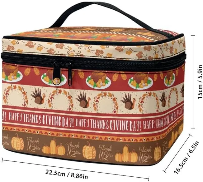 Pumpkin Cosmetic Bag Toiletry Organizer, Thanksgiving Turkey Portable Zipper Travel Makeup Bags, Fall Maple Leaves for Women Girl