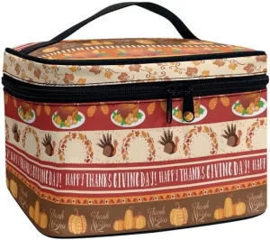 Pumpkin Cosmetic Bag Toiletry Organizer, Thanksgiving Turkey Portable Zipper Travel Makeup Bags, Fall Maple Leaves for Women Girl
