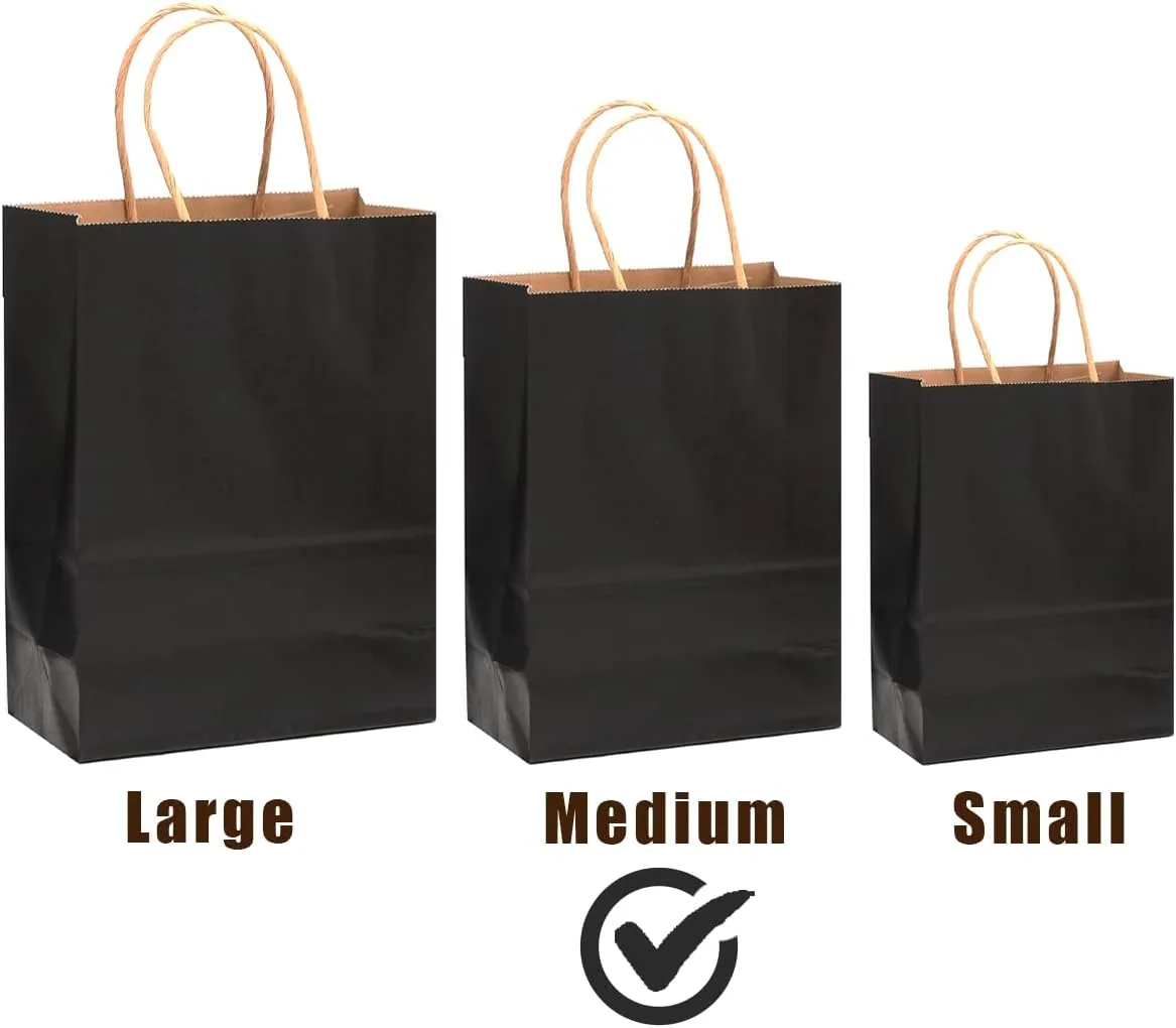 qiqee 100-Packs Black Paper Gift Bags with Handles Bulk 7.6"x4.75"x10.5" Medium Size Gift Bags Multiple Uses