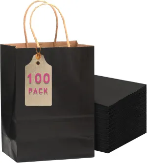 qiqee 100-Packs Black Paper Gift Bags with Handles Bulk 7.6"x4.75"x10.5" Medium Size Gift Bags Multiple Uses