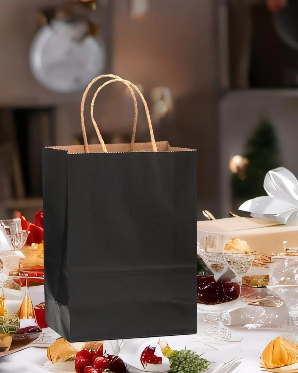qiqee 100-Packs Black Paper Gift Bags with Handles Bulk 7.6"x4.75"x10.5" Medium Size Gift Bags Multiple Uses