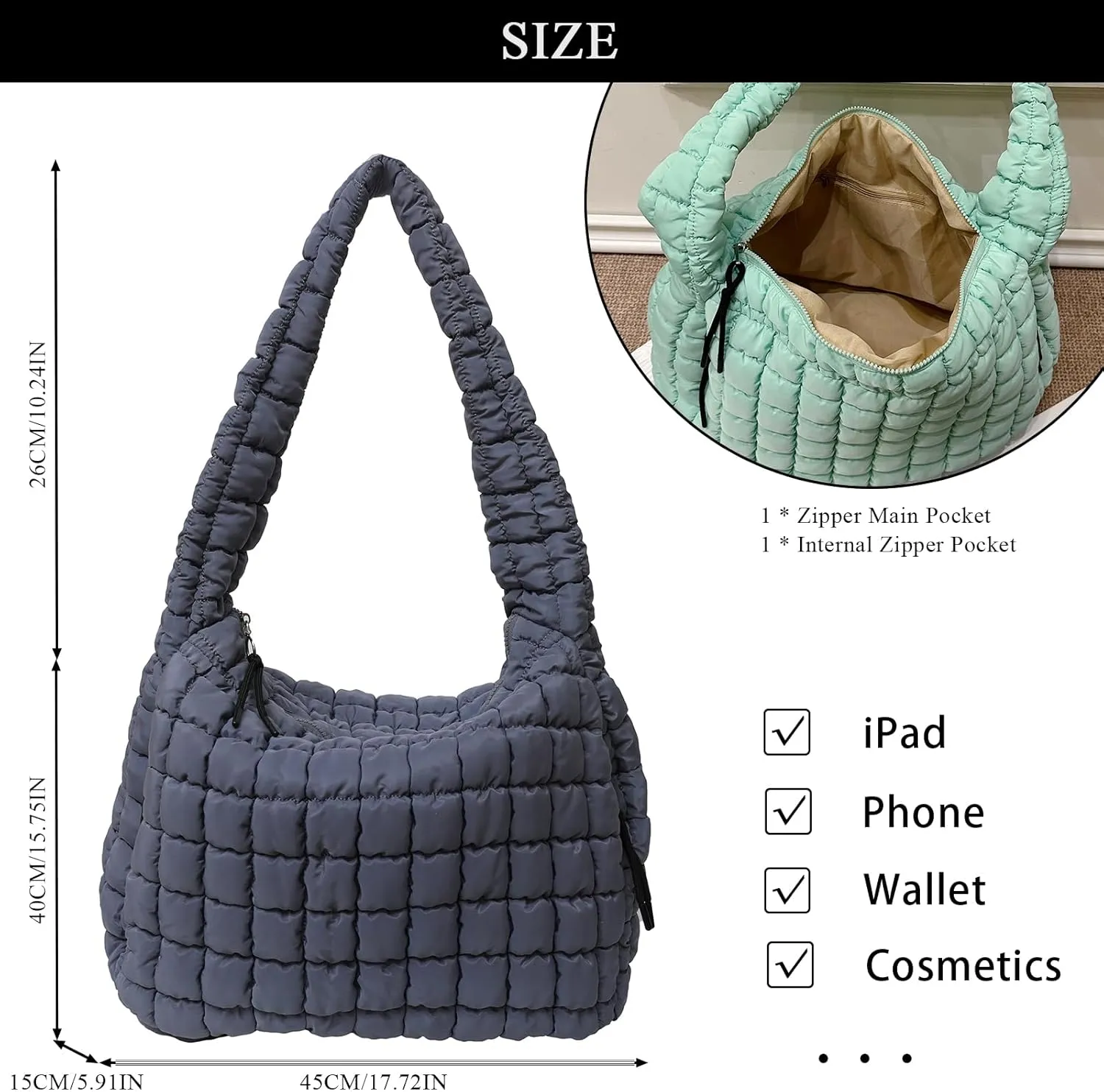 Quilted Tote Bag, Large Lightweight Quilted Bag Puffer Tote Bag Trendy Puffy Purse Hobo Bags for Women