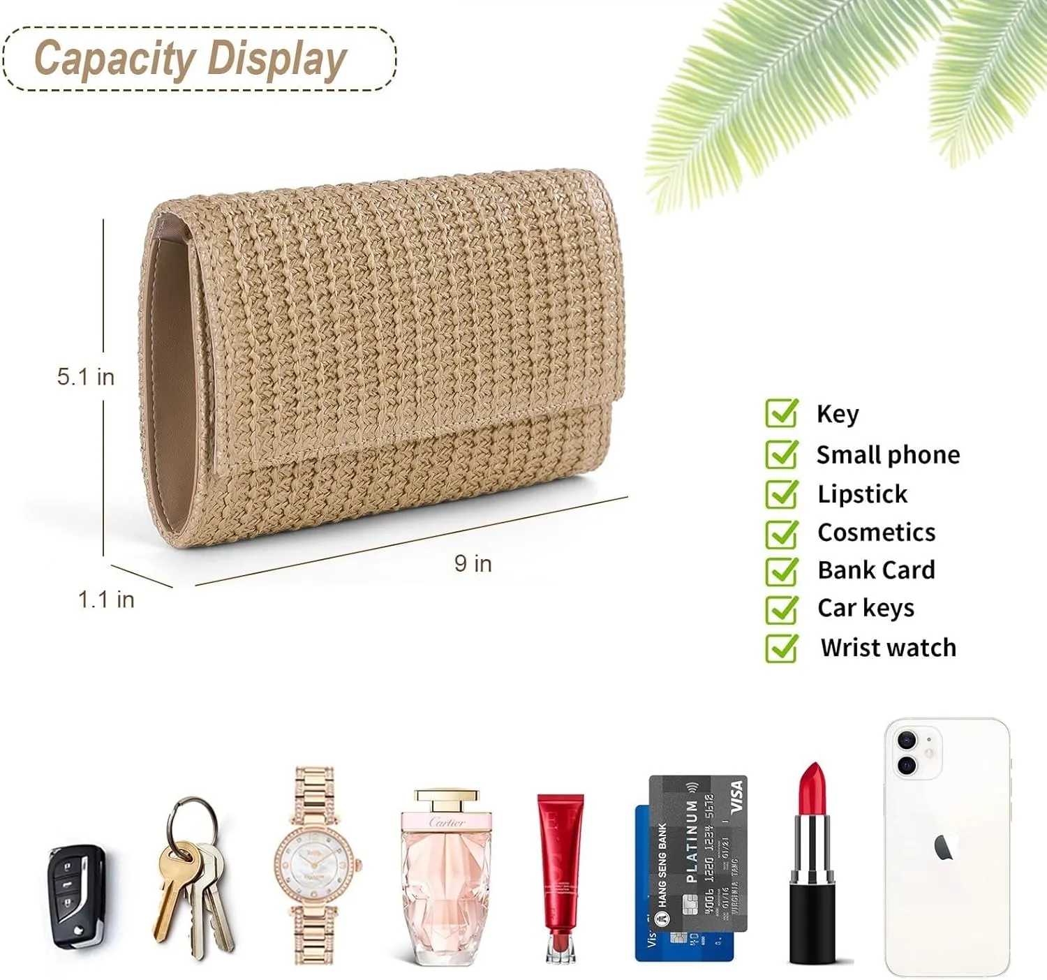 Raffia Evening Purse Envelope Clutch Handbag Shoulder Crossbody Bag Beach Trendy for Travel Straw Clutch Purse