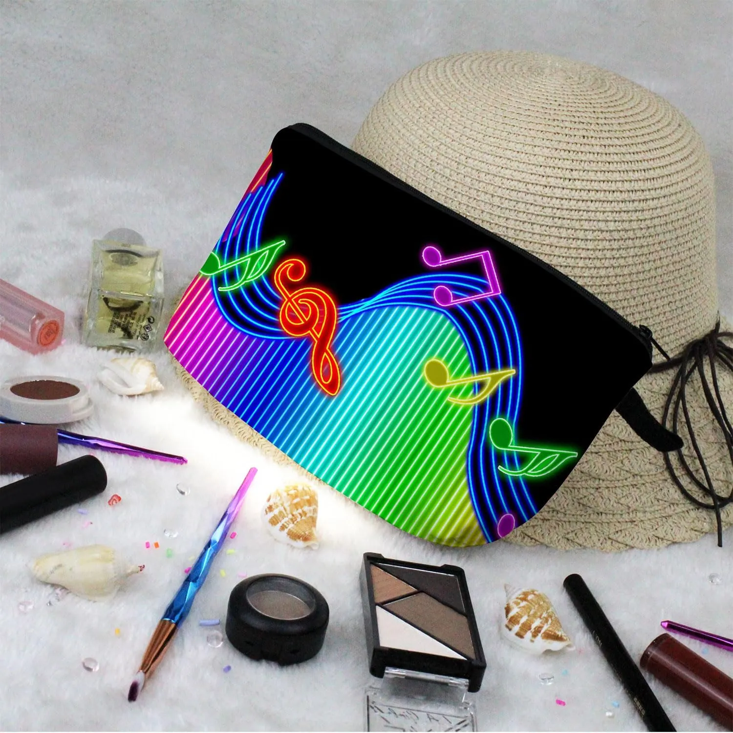 Rainbow Musical Note Makeup Bag Cute Small Organizer Zipper Pouch Birthday Music-themed Present Musical Note Cosmetic Bag for Music Lovers Friends Woman