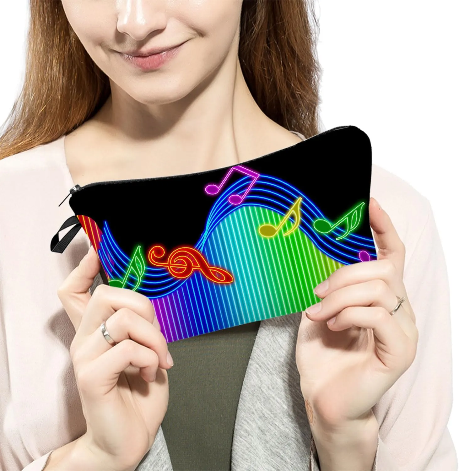 Rainbow Musical Note Makeup Bag Cute Small Organizer Zipper Pouch Birthday Music-themed Present Musical Note Cosmetic Bag for Music Lovers Friends Woman