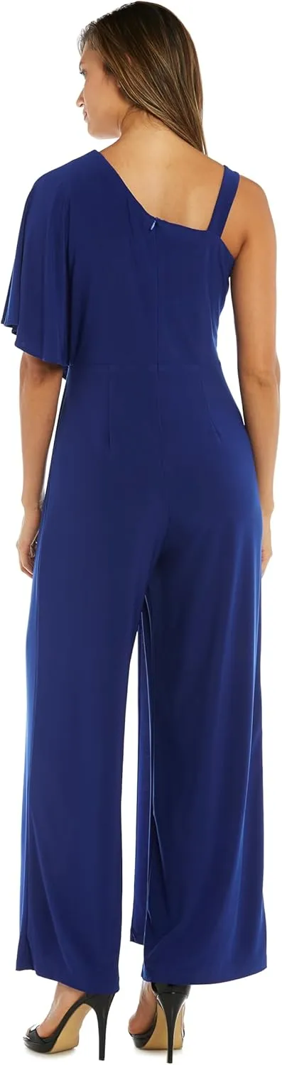 R&M Richards Elegant One-Shoulder Draped Overlay Wide-Leg Jumpsuit W/Relaxed Fit