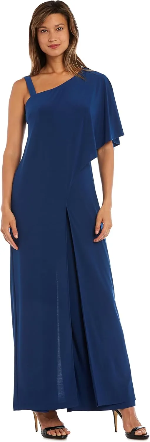 R&M Richards Elegant One-Shoulder Draped Overlay Wide-Leg Jumpsuit W/Relaxed Fit