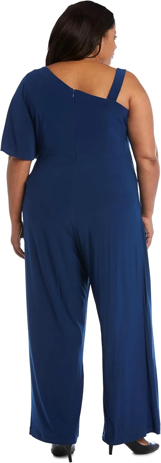 R&M Richards Elegant One-Shoulder Draped Overlay Wide-Leg Jumpsuit W/Relaxed Fit