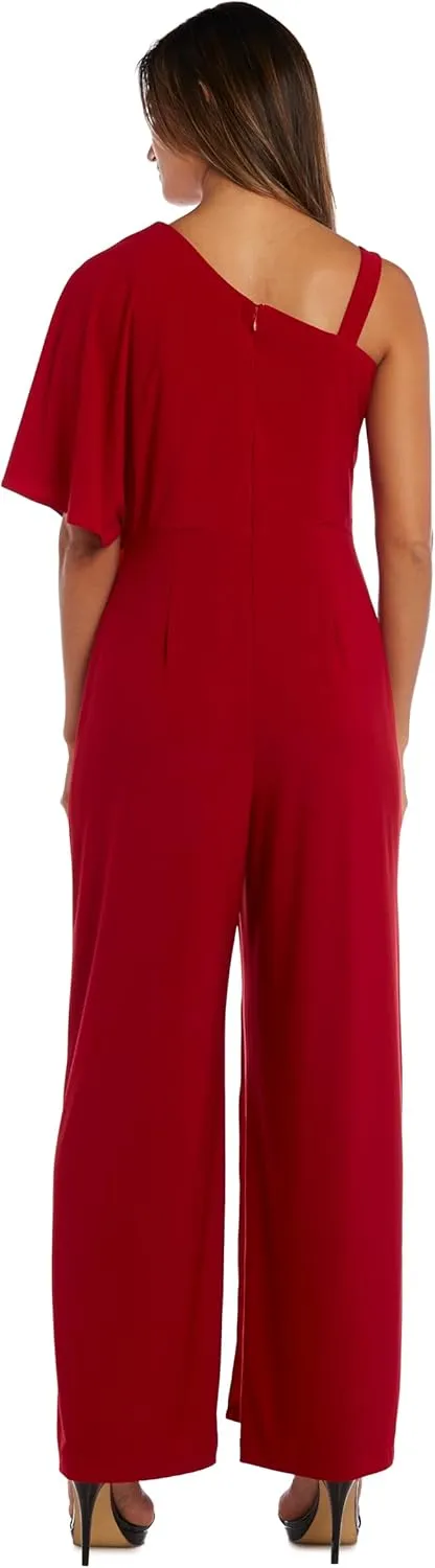 R&M Richards Elegant One-Shoulder Draped Overlay Wide-Leg Jumpsuit W/Relaxed Fit