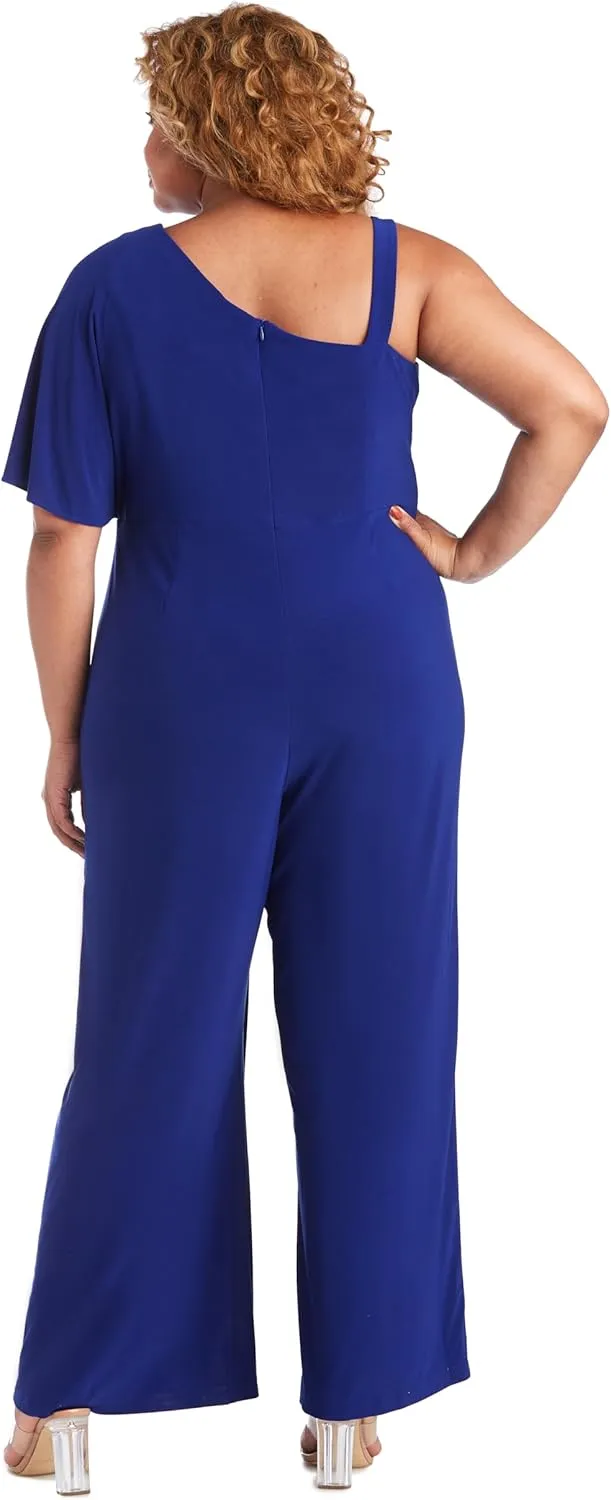 R&M Richards Elegant One-Shoulder Draped Overlay Wide-Leg Jumpsuit W/Relaxed Fit
