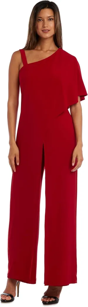 R&M Richards Elegant One-Shoulder Draped Overlay Wide-Leg Jumpsuit W/Relaxed Fit