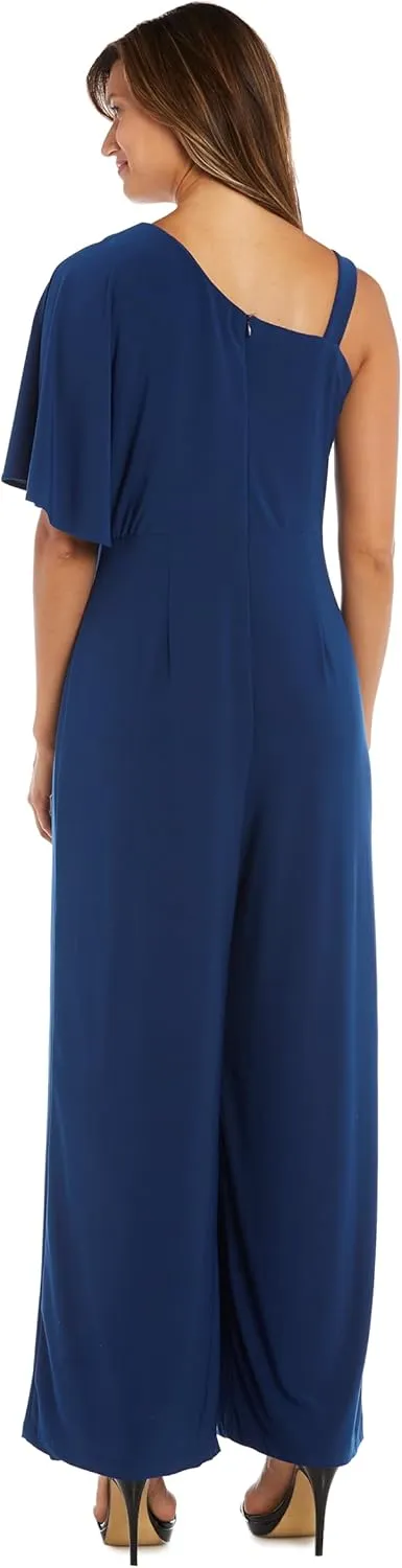 R&M Richards Elegant One-Shoulder Draped Overlay Wide-Leg Jumpsuit W/Relaxed Fit