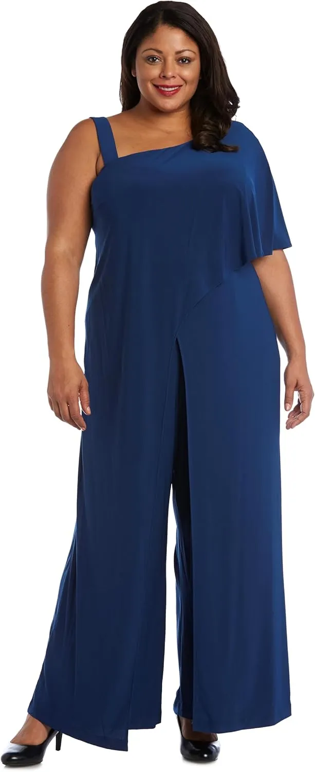 R&M Richards Elegant One-Shoulder Draped Overlay Wide-Leg Jumpsuit W/Relaxed Fit