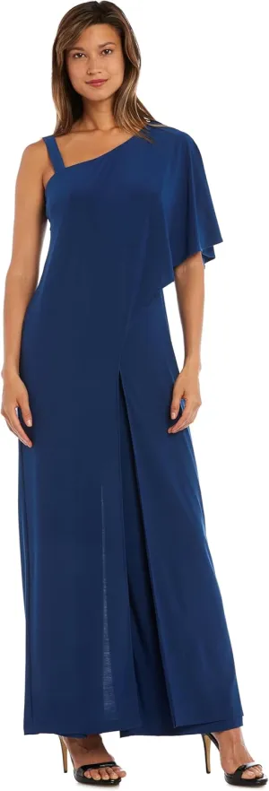 R&M Richards Elegant One-Shoulder Draped Overlay Wide-Leg Jumpsuit W/Relaxed Fit