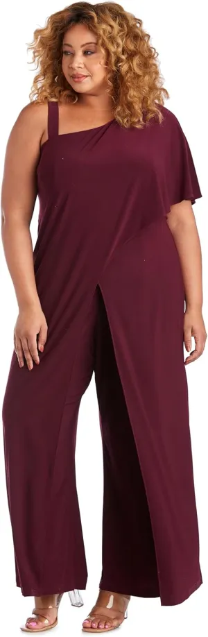 R&M Richards Elegant One-Shoulder Draped Overlay Wide-Leg Jumpsuit W/Relaxed Fit