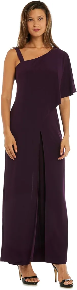 R&M Richards Elegant One-Shoulder Draped Overlay Wide-Leg Jumpsuit W/Relaxed Fit