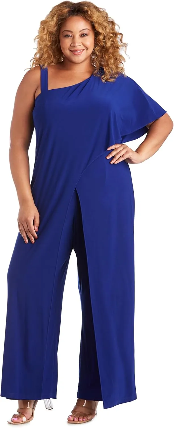 R&M Richards Elegant One-Shoulder Draped Overlay Wide-Leg Jumpsuit W/Relaxed Fit