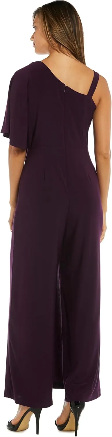 R&M Richards Elegant One-Shoulder Draped Overlay Wide-Leg Jumpsuit W/Relaxed Fit