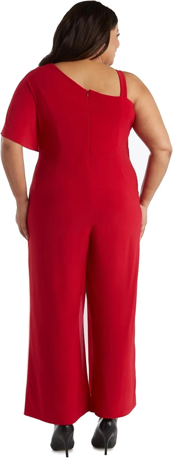 R&M Richards Elegant One-Shoulder Draped Overlay Wide-Leg Jumpsuit W/Relaxed Fit