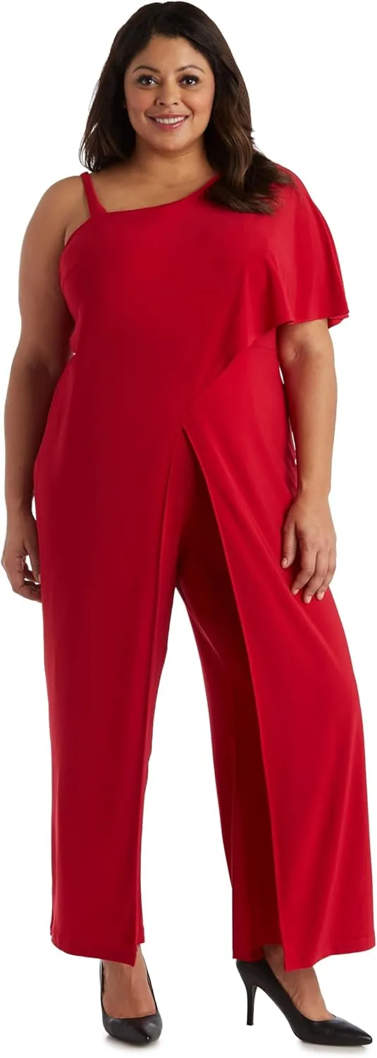 R&M Richards Elegant One-Shoulder Draped Overlay Wide-Leg Jumpsuit W/Relaxed Fit