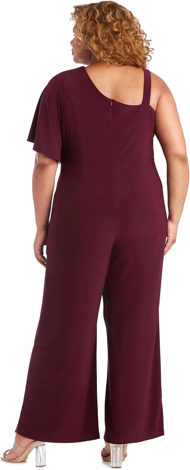 R&M Richards Elegant One-Shoulder Draped Overlay Wide-Leg Jumpsuit W/Relaxed Fit