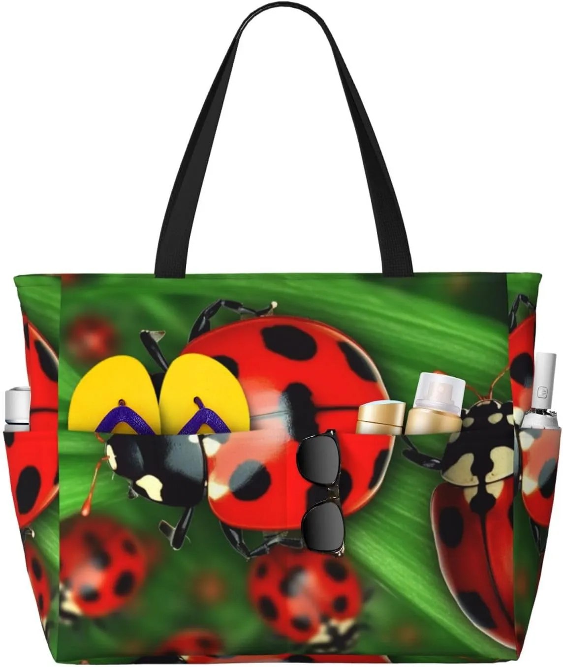 Red Ladybug Beach Bags For Women Large Waterproof Sandproof Beach Tote Bag Pool Bag Lightweight Zipper Carry On Bags For Gym Travel Vocation