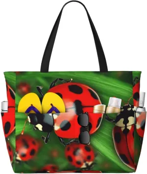 Red Ladybug Beach Bags For Women Large Waterproof Sandproof Beach Tote Bag Pool Bag Lightweight Zipper Carry On Bags For Gym Travel Vocation