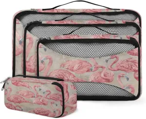 Retro Bird Flamingo 4 Piece Packing Travel Organizer Cubes Set Mesh Fabric Ventilate Design Lightweight Travel Accessories 4 Sizes (Extra Large, Large, Medium, Small)