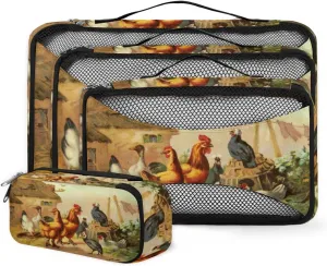 Rooster Old Print Vintage Hens 4 Piece Packing Travel Organizer Cubes Set Mesh Fabric Ventilate Design Lightweight Travel Accessories 4 Sizes (Extra Large, Large, Medium, Small)