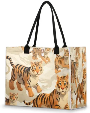 Running Tigers Tote Bag for Women Large Beach Bag Reusable Grocery Bags Tote Bag for Work Shopping Travel Beach