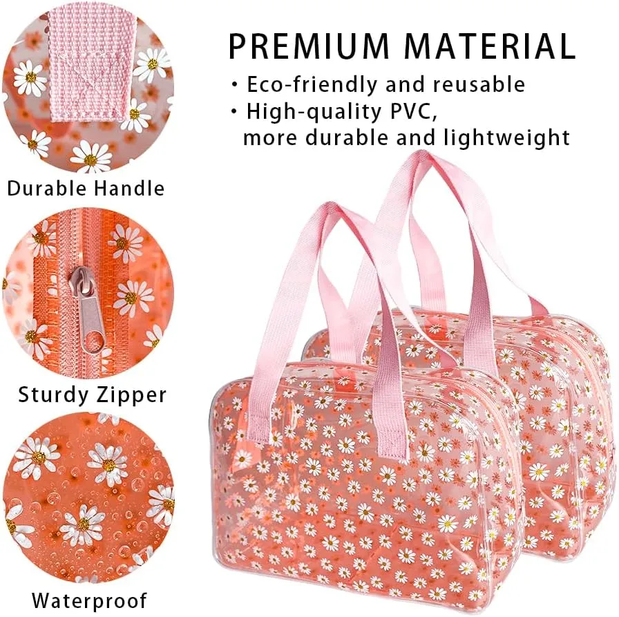 SA Approved Toiletry Cosmetic Bags Daisy Printed PVC osmetic Bag with Handle PVC Makeup Bags with Zipper for women B097-7582 (2pcs pink)
