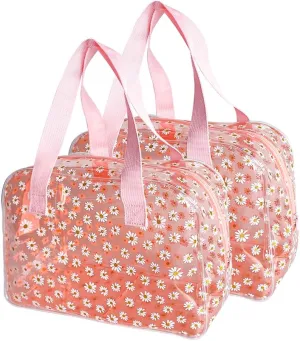 SA Approved Toiletry Cosmetic Bags Daisy Printed PVC osmetic Bag with Handle PVC Makeup Bags with Zipper for women B097-7582 (2pcs pink)