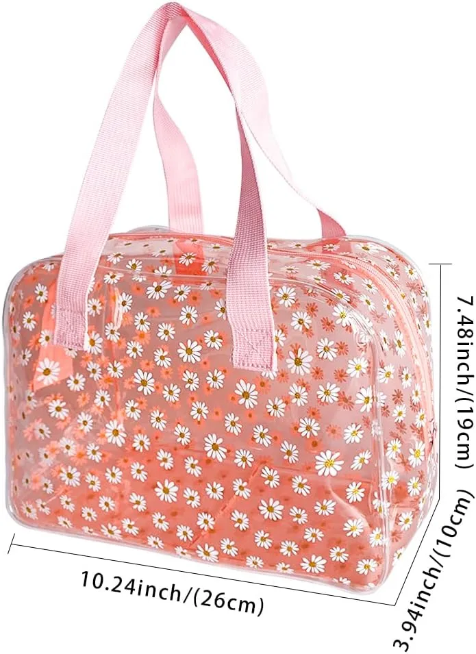 SA Approved Toiletry Cosmetic Bags Daisy Printed PVC osmetic Bag with Handle PVC Makeup Bags with Zipper for women B097-7582 (2pcs pink)