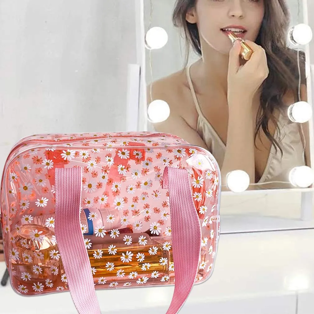 SA Approved Toiletry Cosmetic Bags Daisy Printed PVC osmetic Bag with Handle PVC Makeup Bags with Zipper for women B097-7582 (2pcs pink)