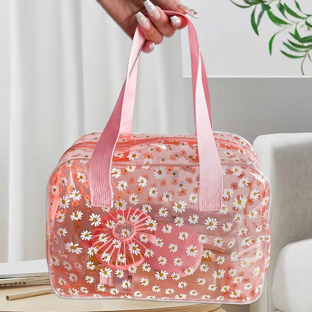 SA Approved Toiletry Cosmetic Bags Daisy Printed PVC osmetic Bag with Handle PVC Makeup Bags with Zipper for women B097-7582 (2pcs pink)