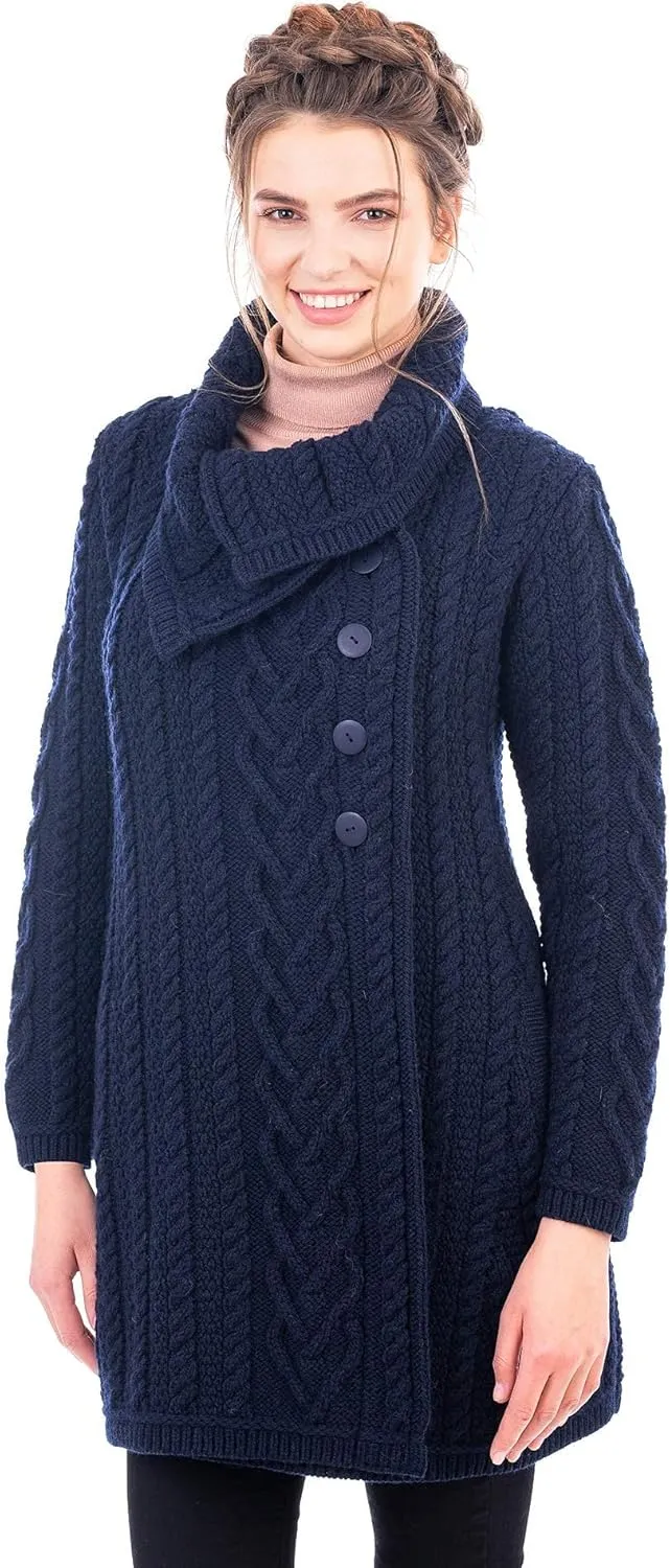 SAOL Womens Coatigan  100% Merino Wool Cable Knit Irish Cardigan with Pockets  Classic Warm Long Sweater Coat