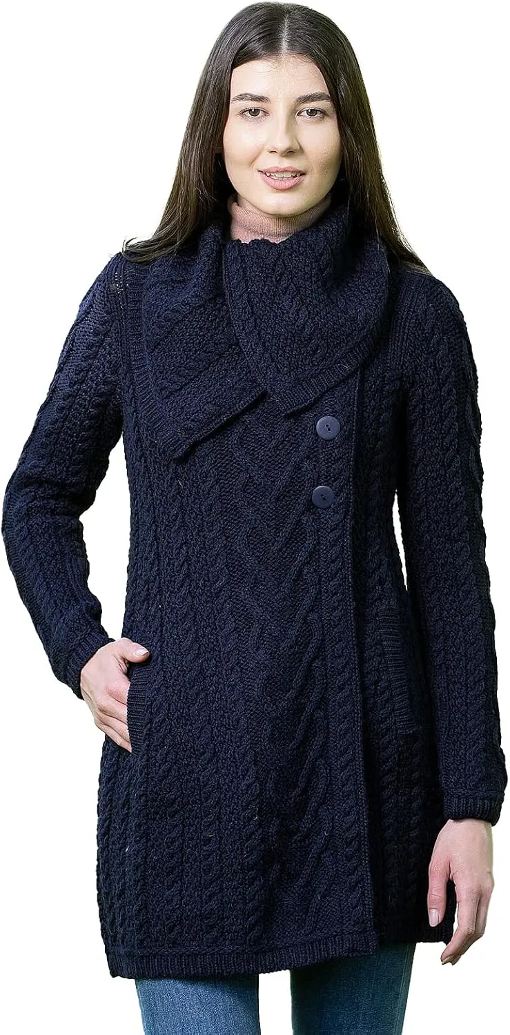 SAOL Womens Coatigan  100% Merino Wool Cable Knit Irish Cardigan with Pockets  Classic Warm Long Sweater Coat