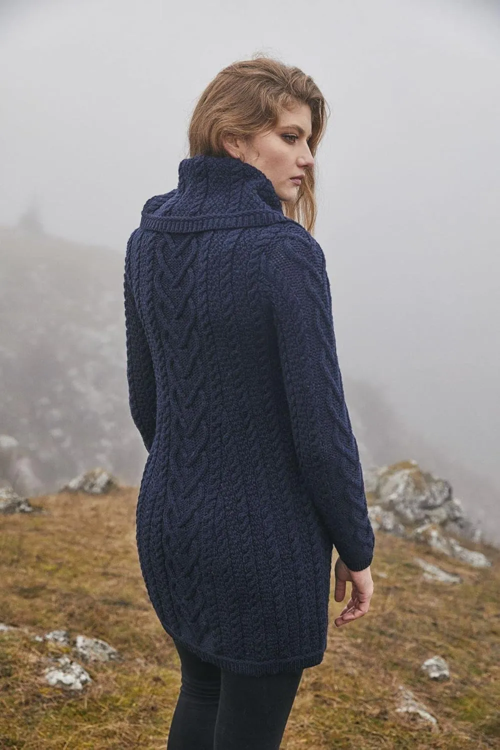 SAOL Womens Coatigan  100% Merino Wool Cable Knit Irish Cardigan with Pockets  Classic Warm Long Sweater Coat