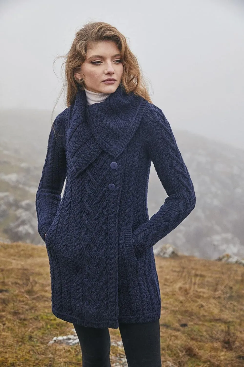 SAOL Womens Coatigan  100% Merino Wool Cable Knit Irish Cardigan with Pockets  Classic Warm Long Sweater Coat