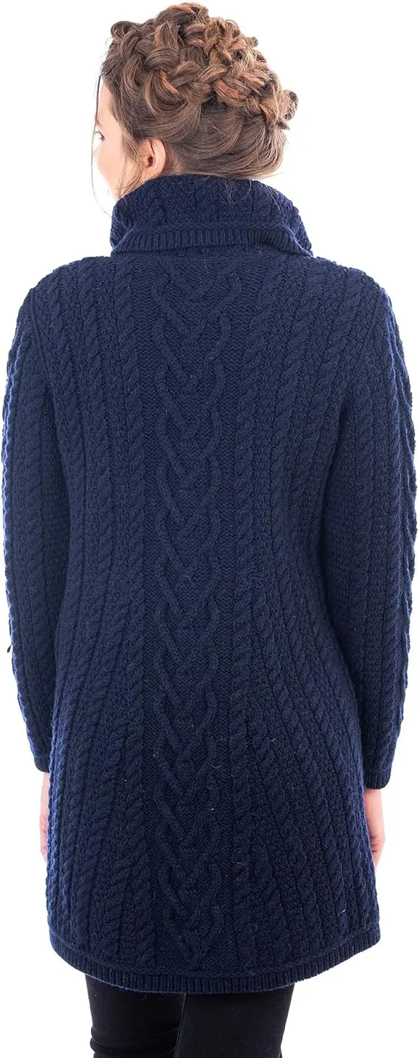 SAOL Womens Coatigan  100% Merino Wool Cable Knit Irish Cardigan with Pockets  Classic Warm Long Sweater Coat