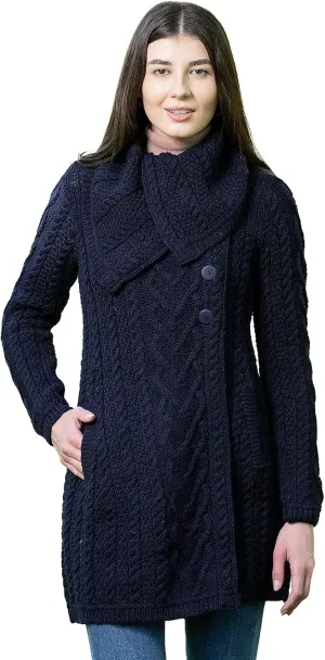 SAOL Womens Coatigan  100% Merino Wool Cable Knit Irish Cardigan with Pockets  Classic Warm Long Sweater Coat