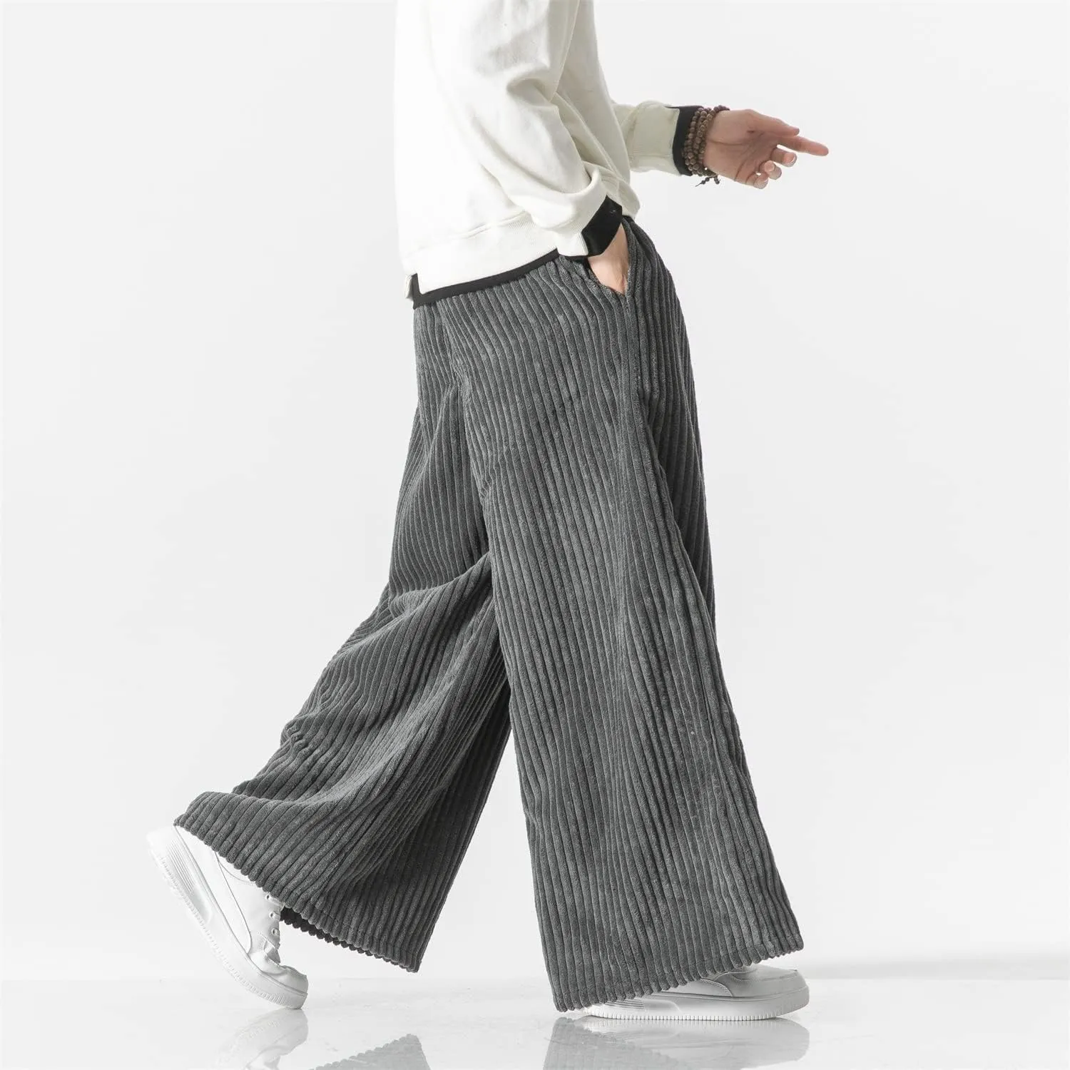 Seidarise Men's Corduroy Pants Straight Baggy Wide Leg Stretch Elastic Waist Drawstring Relaxed Fit Trousers Pant