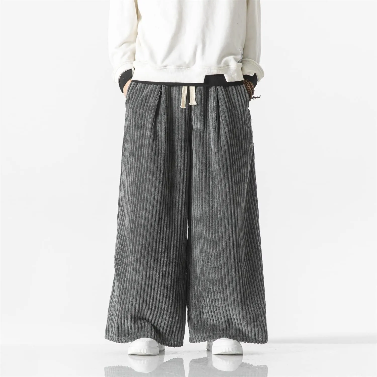 Seidarise Men's Corduroy Pants Straight Baggy Wide Leg Stretch Elastic Waist Drawstring Relaxed Fit Trousers Pant
