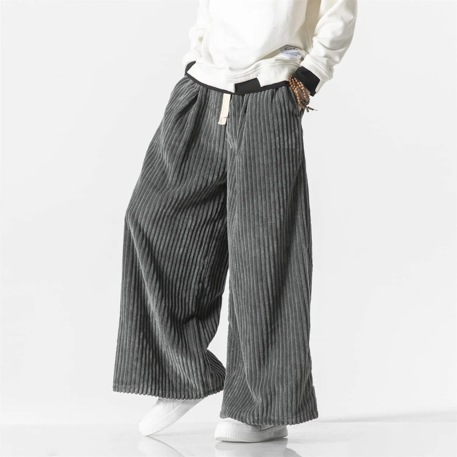 Seidarise Men's Corduroy Pants Straight Baggy Wide Leg Stretch Elastic Waist Drawstring Relaxed Fit Trousers Pant