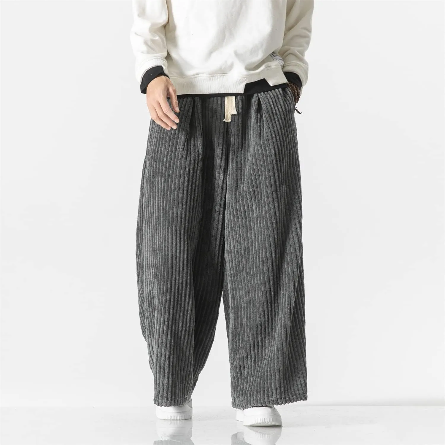Seidarise Men's Corduroy Pants Straight Baggy Wide Leg Stretch Elastic Waist Drawstring Relaxed Fit Trousers Pant