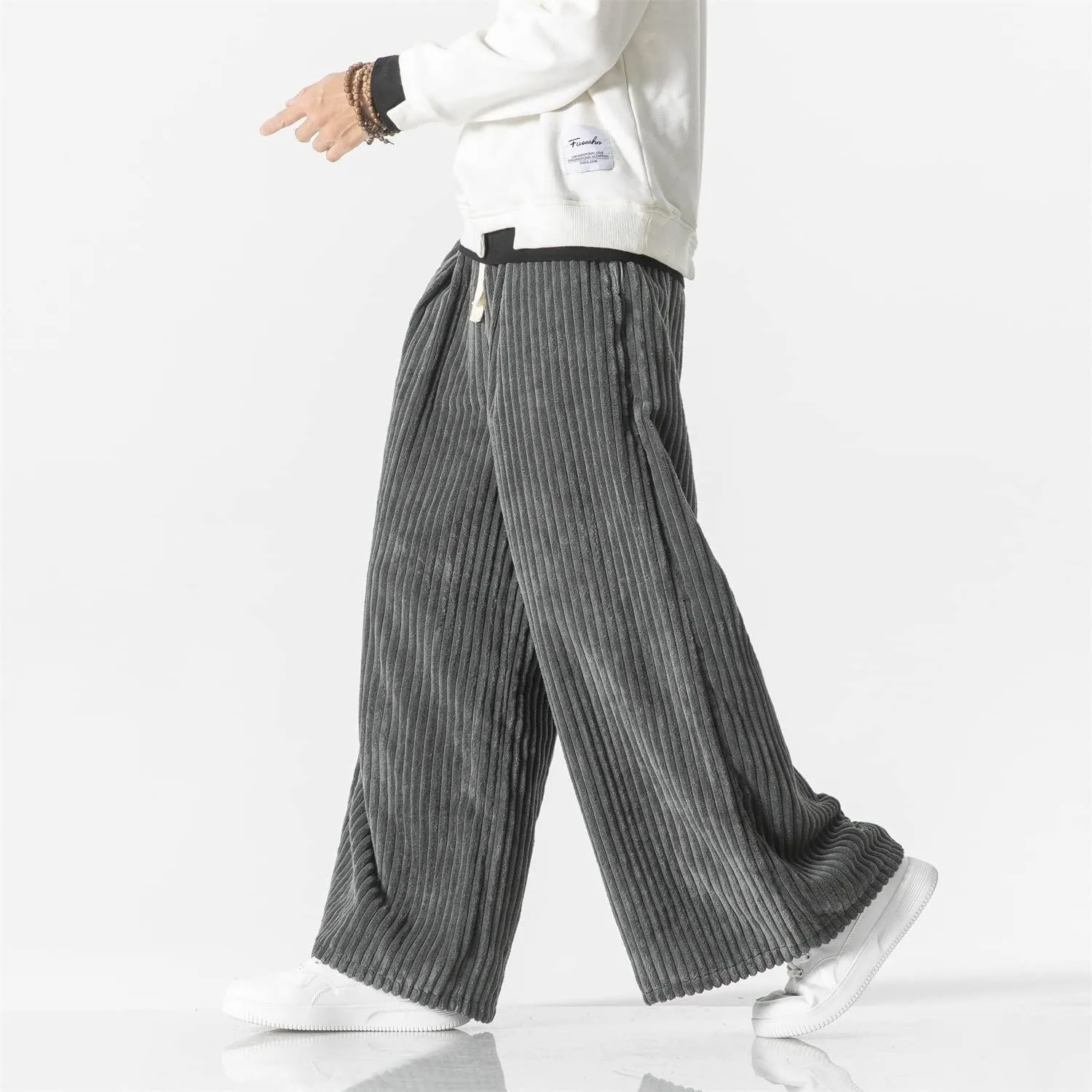 Seidarise Men's Corduroy Pants Straight Baggy Wide Leg Stretch Elastic Waist Drawstring Relaxed Fit Trousers Pant